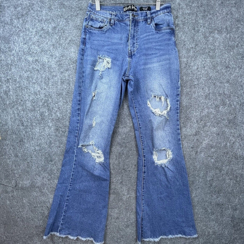 Girlish Los Angeles Jeans Womens 29 Kitten High Rise Flare Thrashed‎ Ripped